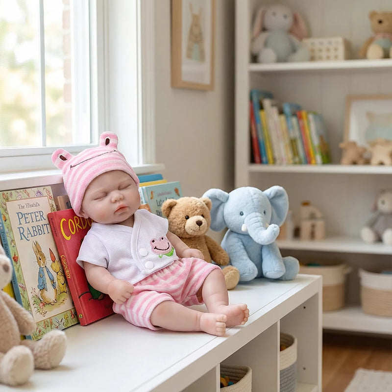30 cm vollständig aus Silikon gefertigte Reborn Puppe Pickle mit geschlossenen Augen im rosa Frosch-Outfit