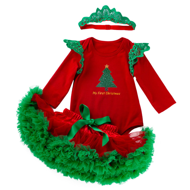 Langärmliger roter Strampler-Rockanzug mit Weihnachtsbaumkrone für 20-28-Zoll-Puppen