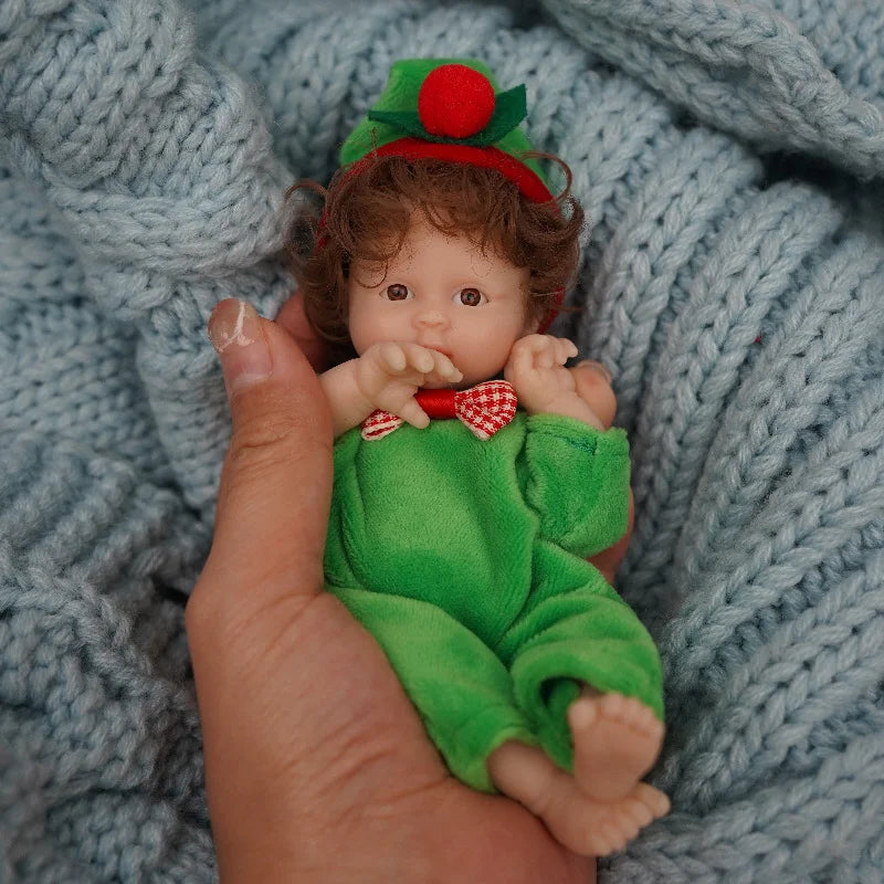 6 Zoll offene Augen kurzes Haar Mini Vollsilikon Reborn Puppe in Weihnachtskleidung