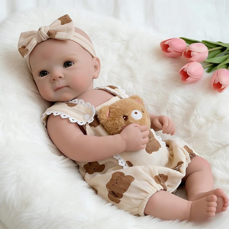 45 cm Bettie Reborn Puppe aus Vollsilikon Mädchen im Kleiner Bär Outfit