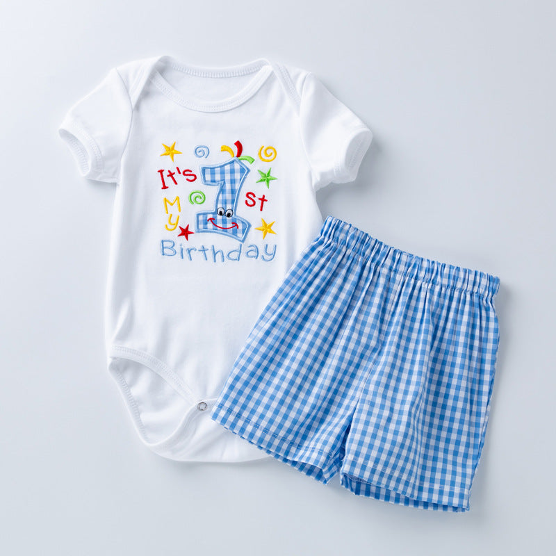Zweiteiliges Set aus karierten Shorts mit Cartoon-Stickerei und kurzen Ärmeln für Puppen von 56-61 cm