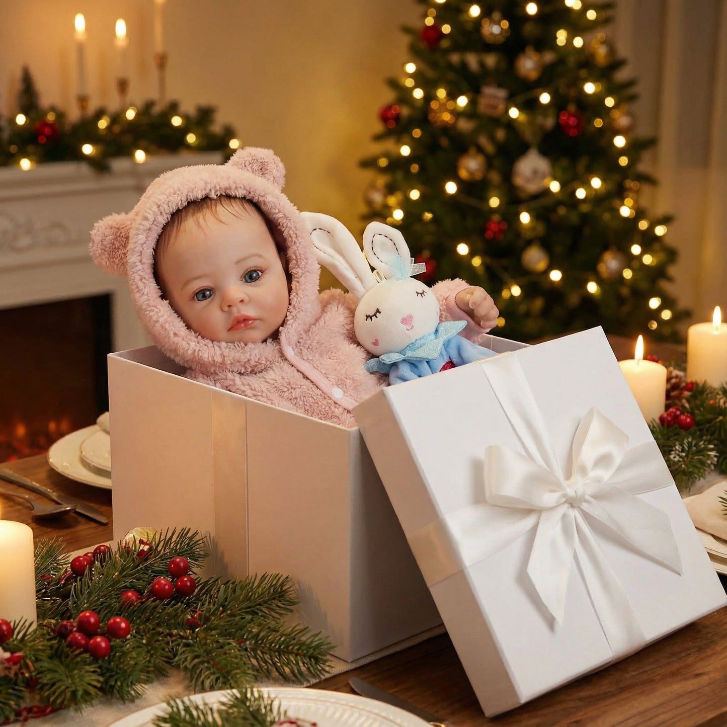 48 cm Reborn Babypuppen Meadow mit blauen Augen in Plüschkleidung