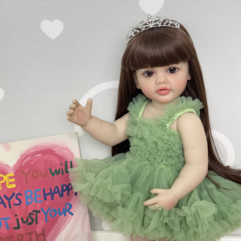 22 Zoll Mamie Reborn Puppen Mädchen mit langen braunen Haaren