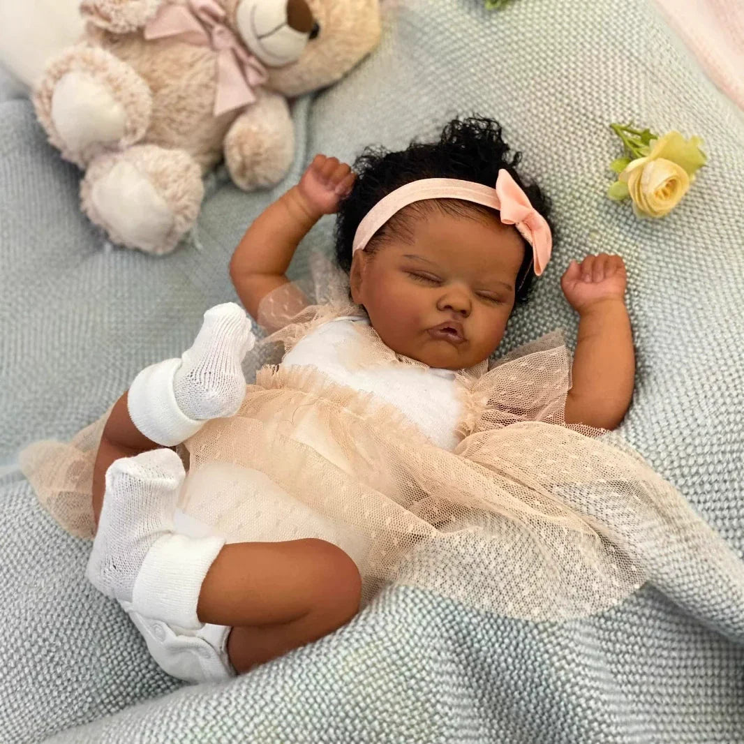 18 Zoll lockiges Haar dunkle Haut Soft Touch Reborn Baby Mädchen-Quinbee
