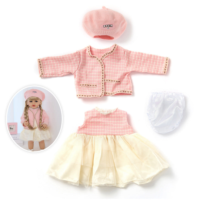 4-teiliges Set bestehend aus kariertem Hut Mantel und Kleid für 55 cm Reborn Puppen
