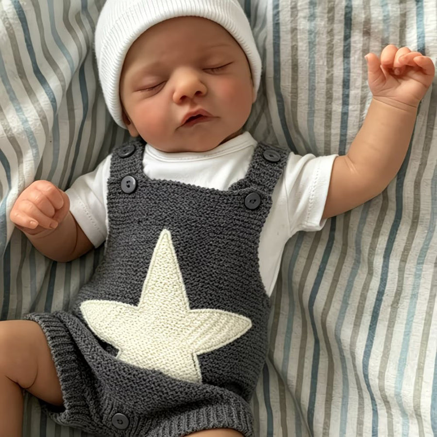 19 Zoll Sam Reborn-Puppe mit geschlossenen Augen in grauem Sternen-Outfit