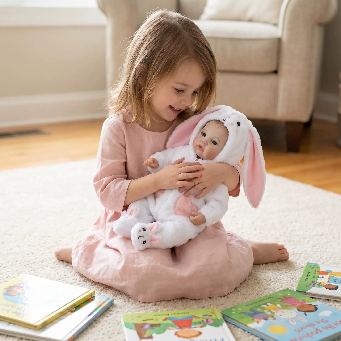 18 Zoll blauäugiges Reborn Baby-Mädchen in weißem Kaninchen-Outfit -Meadow