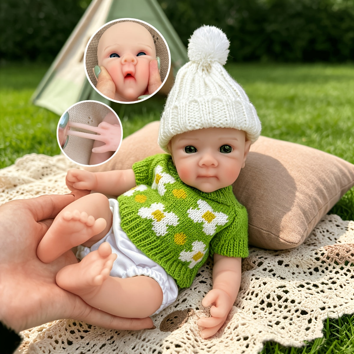 30 cm Bettie Reborn Babypuppe aus Vollsilikon Mädchen im grünen Blumenpullover