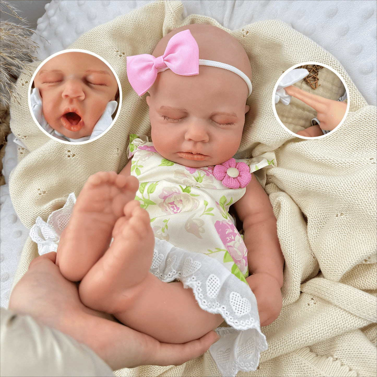 45 cm dehnbare Loulou-Reborn Puppe aus Vollsilikon im Blumenkleid
