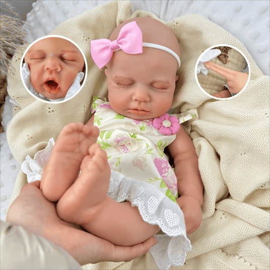 45 cm dehnbare Loulou-Reborn Puppe aus Vollsilikon im Blumenkleid