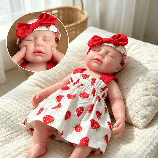 30cm Loulou Reborn Baby Dame aus Vollsilikon mit geschlossenen Augen im Erdbeerkleid