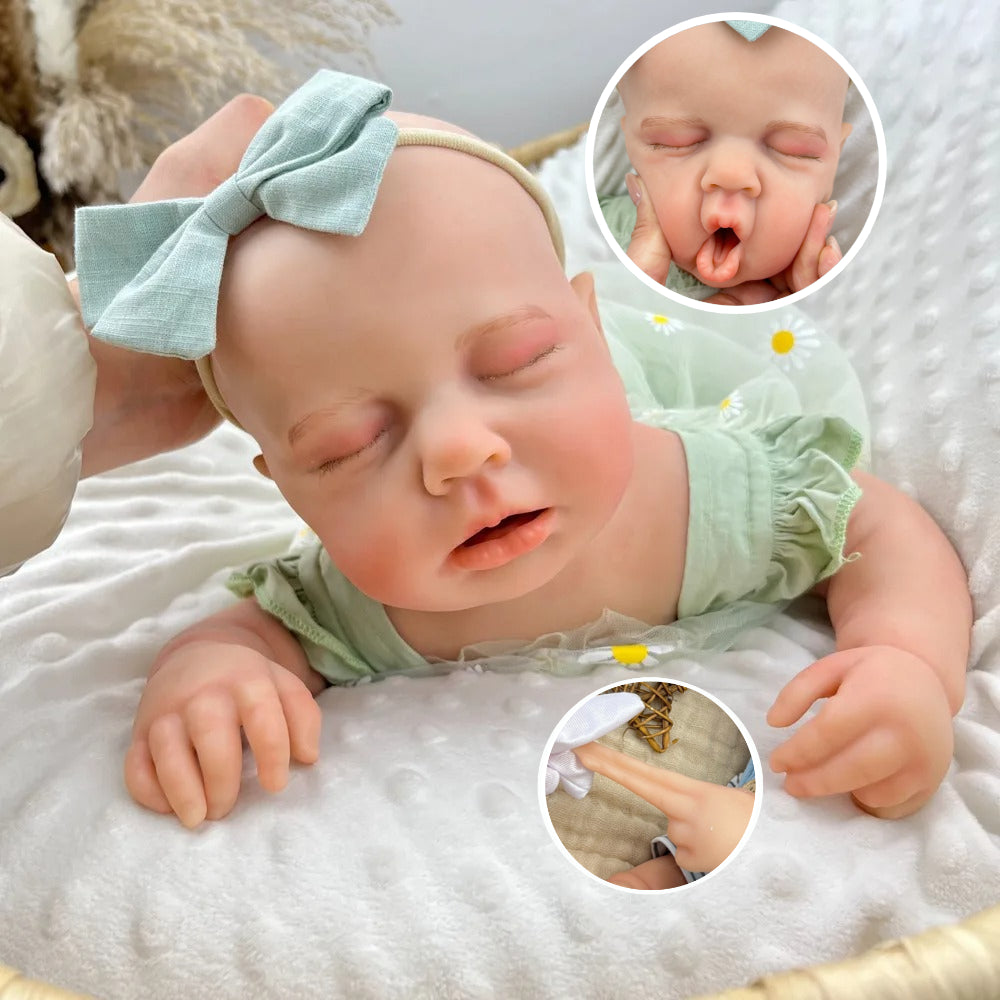 45 cm dehnbares Loulou-Reborn-Mädchen aus Vollsilikon im grünen Gänseblümchen Outfit