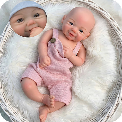 Lebensechte 45cm Reborn Puppe Vivienne (Mädchen) aus Vollsilikon mit Lächeln und rosa Latzhose