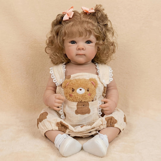 45 cm Bettie Reborn Puppe blondes Haar blaue Augen im Bärenkostüm