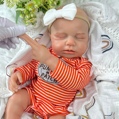 45 cm großer dehnbarer Loulou Reborn Puppen Strampler aus Vollsilikon im gelb-gestreiften Design