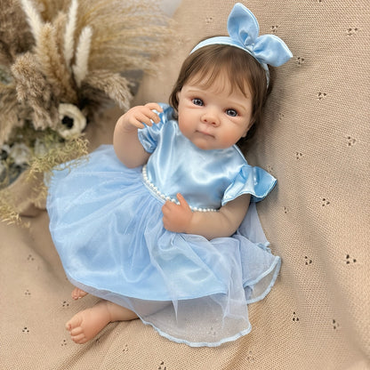 45 cm lebensechte Vinyl-Figur Bettie Reborn-Mädchen mit kurzem Haar im blauen Kleid