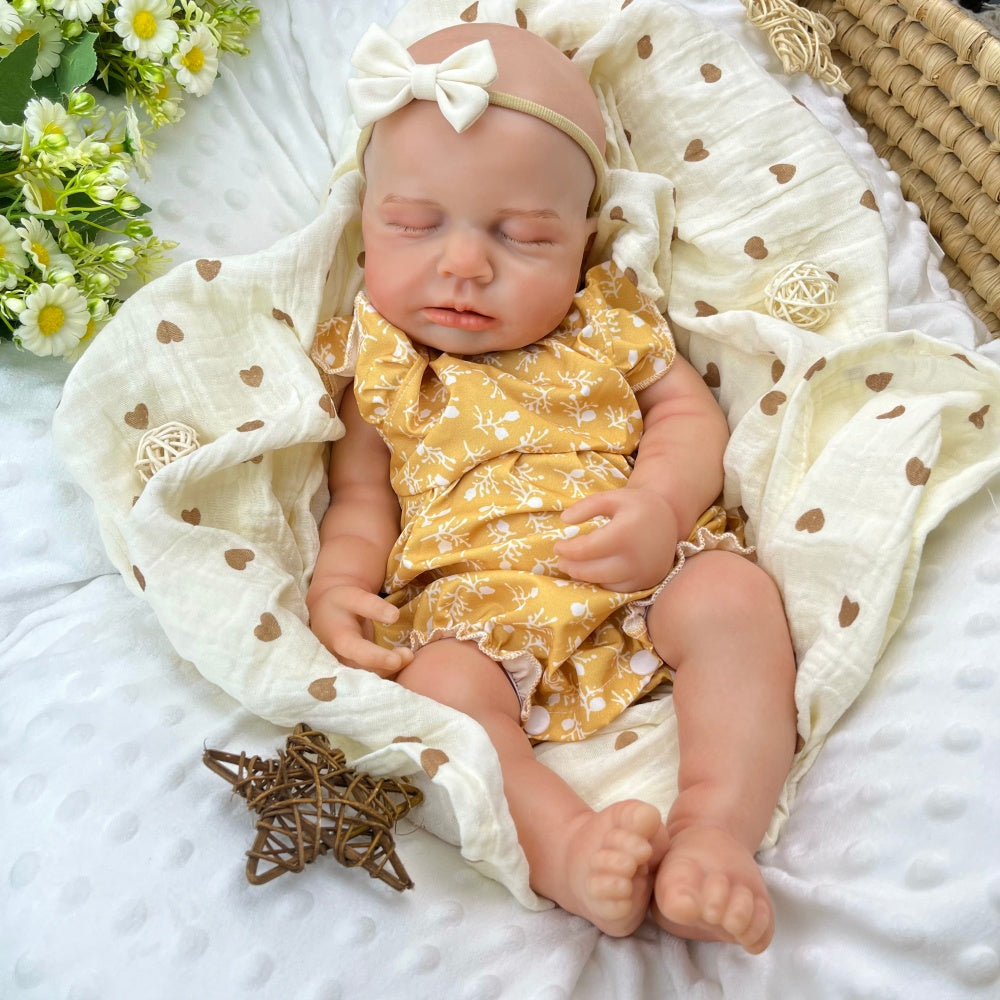 45 cm großer dehnbarer Loulou Reborn Puppen Strampler aus Vollsilikon im gelben Blumenmuster