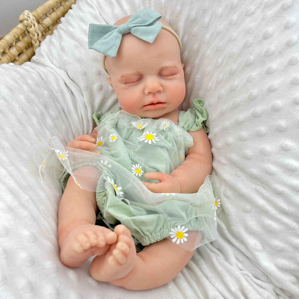 45 cm dehnbares Loulou-Reborn-Mädchen aus Vollsilikon im grünen Gänseblümchen Outfit