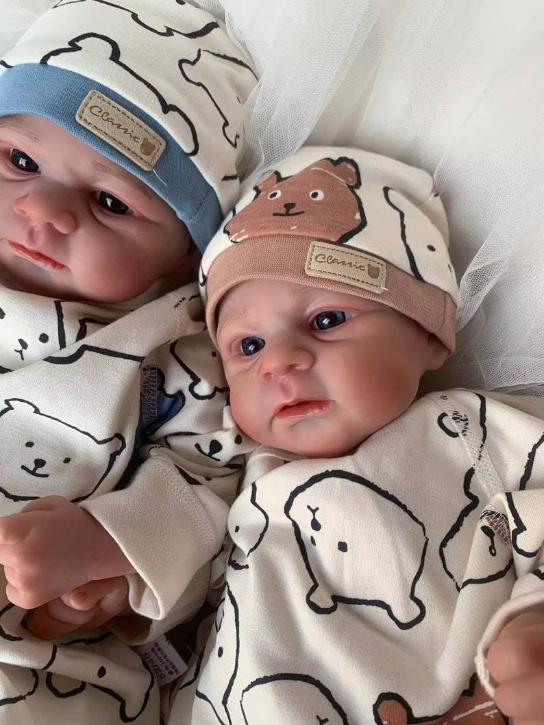 49cm lebensechte Reborn-Puppe mit weichem Körper und blauen Augen Zwillingsschwestern-Elijah