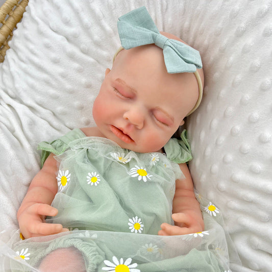45 cm dehnbares Loulou-Reborn-Mädchen aus Vollsilikon im grünen Gänseblümchen Outfit