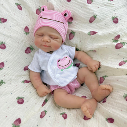 30 cm Pascale Reborn Puppe aus Vollsilikon im rosa Frosch-Outfit