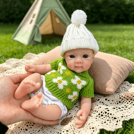 30 cm Bettie Reborn Babypuppe aus Vollsilikon Mädchen im grünen Blumenpullover