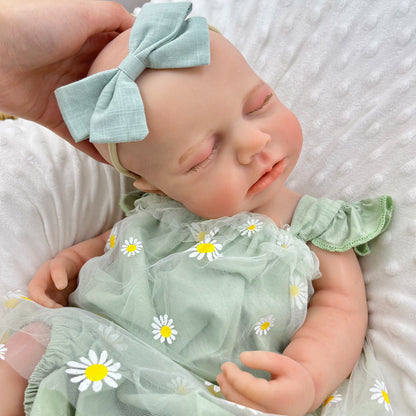 45 cm dehnbares Loulou-Reborn-Mädchen aus Vollsilikon im grünen Gänseblümchen Outfit