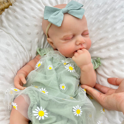 45 cm dehnbares Loulou-Reborn-Mädchen aus Vollsilikon im grünen Gänseblümchen Outfit