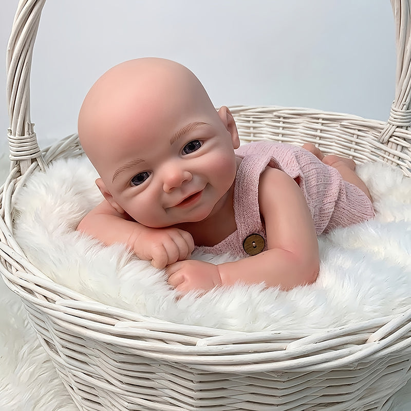Lebensechte 45cm Reborn Puppe Vivienne (Mädchen) aus Vollsilikon mit Lächeln und rosa Latzhose