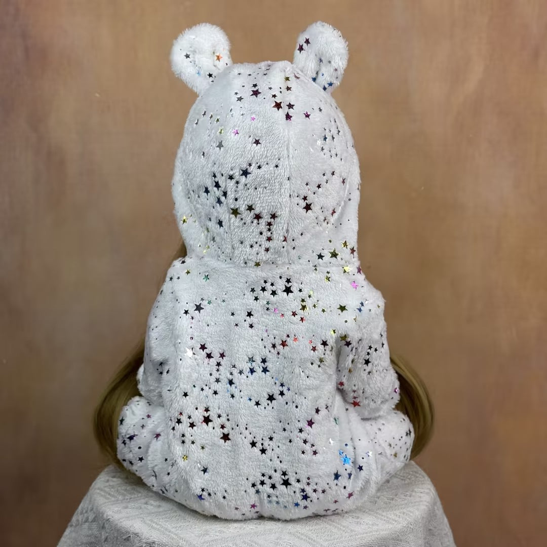 55 cm rebornte Baby-Dame Betty mit offenen Augen und langen blonden Haaren im Sternen-Jumpsuit