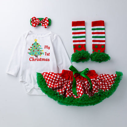 4-teiliges Kleid mit Weihnachtsbaum-Aufdruck für 21/22/23 Zoll Reborn-Puppen