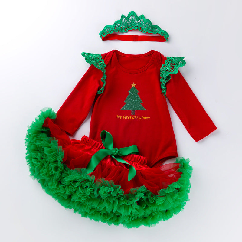 Langärmliger roter Strampler-Rockanzug mit Weihnachtsbaumkrone für 20-28-Zoll-Puppen