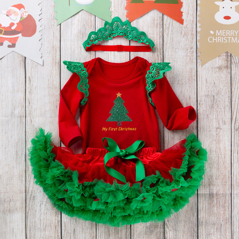 Langärmliger roter Strampler-Rockanzug mit Weihnachtsbaumkrone für 20-28-Zoll-Puppen
