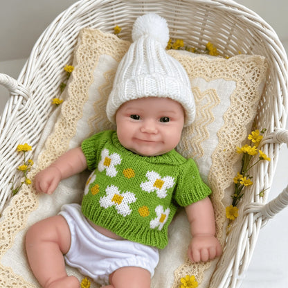 30 cm vollständig aus Silikon gefertigte Reborn Babypuppe Maddie lächeln in grünen Outfits
