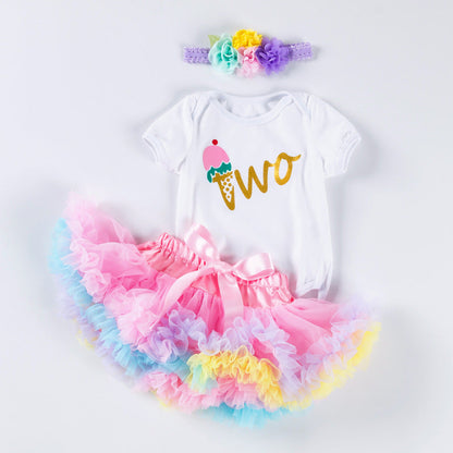 Süßes süßes kurzärmliges Prinzessinnenkleid mit weichem Schleier, 3-teiliges Set