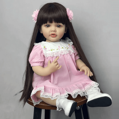 55 cm offene Augen lange braune Haare Betty Reborn Puppe Mädchen im rosa Kleid