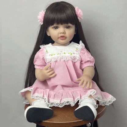 55 cm offene Augen lange braune Haare Betty Reborn Puppe Mädchen im rosa Kleid