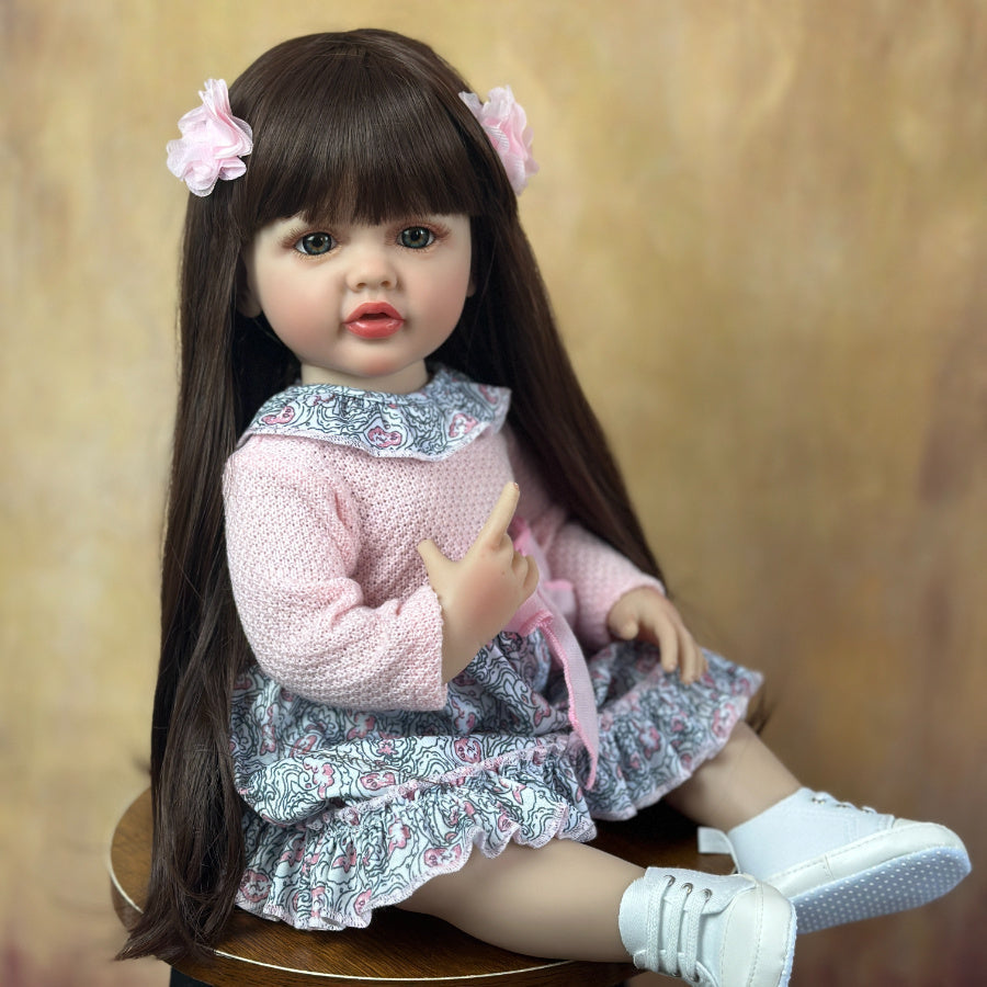 22 Zoll offene Augen lange braune Haare Reborn Puppe Mädchen Betty in rosa Blumenkleid