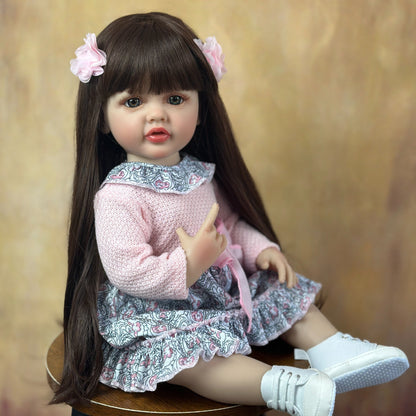 22 Zoll offene Augen lange braune Haare Reborn Puppe Mädchen Betty in rosa Blumenkleid