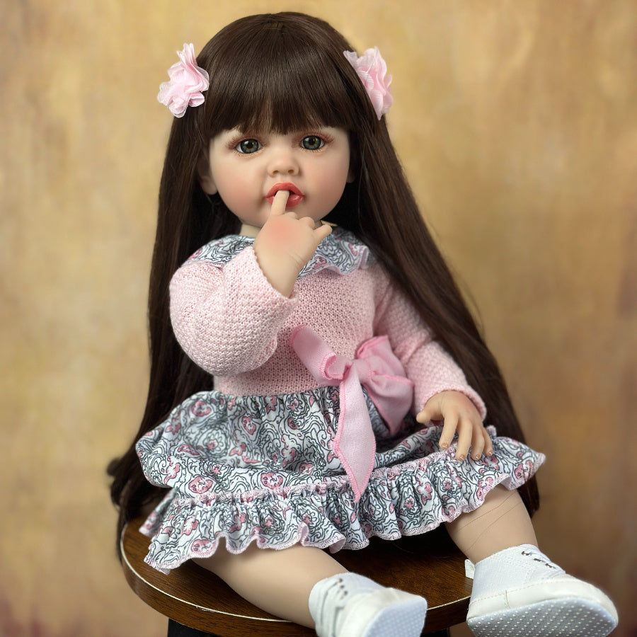 22 Zoll offene Augen lange braune Haare Reborn Puppe Mädchen Betty in rosa Blumenkleid