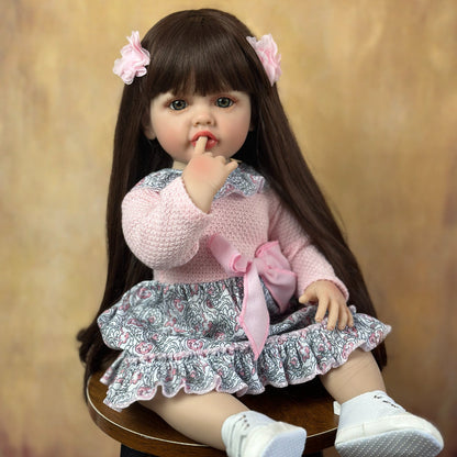 22 Zoll offene Augen lange braune Haare Reborn Puppe Mädchen Betty in rosa Blumenkleid