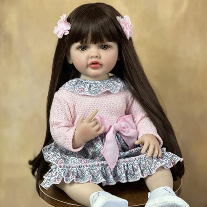 22 Zoll offene Augen lange braune Haare Reborn Puppe Mädchen Betty in rosa Blumenkleid