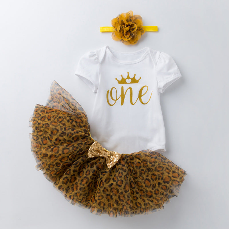 Niedlicher Jumpsuit mit Cartoon-Buchstaben-Print und Leopardenrock 3-teiliges Set für Puppen von 56-61 cm
