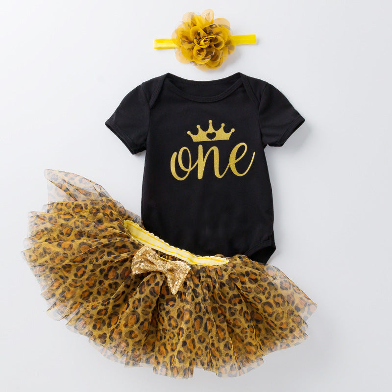Niedlicher Jumpsuit mit Cartoon-Buchstaben-Print und Leopardenrock 3-teiliges Set für Puppen von 56-61 cm