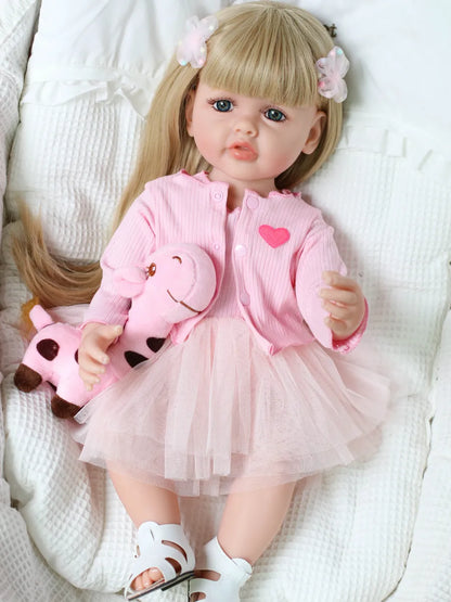 22 Zoll offene Augen lange blonde Haare Reborn Baby Mädchen mit rosa Kleid-Betty