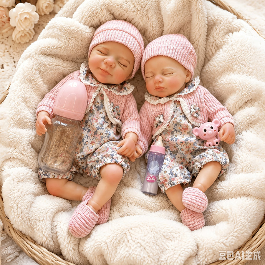 30cm Reborn Zwillingsschwestern Pascale und Loulou aus Vollsilikon mit geschlossenen Augen
