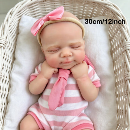 30 cm schlafende Pascale Reborn-Puppe aus Vollsilikon in rosa gestreiftem Outfit