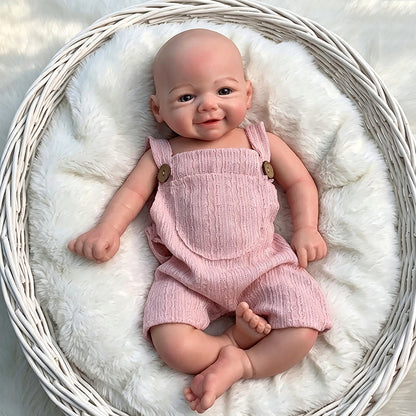 Lebensechte 45cm Reborn Puppe Vivienne (Mädchen) aus Vollsilikon mit Lächeln und rosa Latzhose