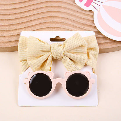 Zweiteiliges Sonnenbrillen-Set mit Strick-Stretch-Streifen und Schleifen-Stirnband