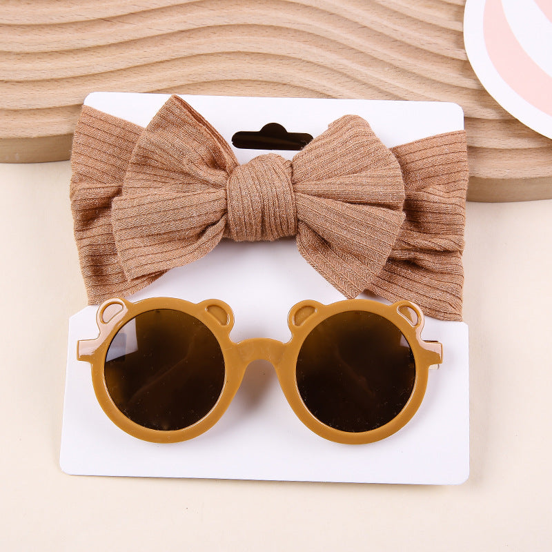 Zweiteiliges Sonnenbrillen-Set mit Strick-Stretch-Streifen und Schleifen-Stirnband
